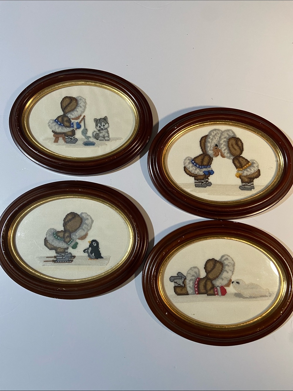 Vintage set of framed petit point needlework pieces designed by Gitta's